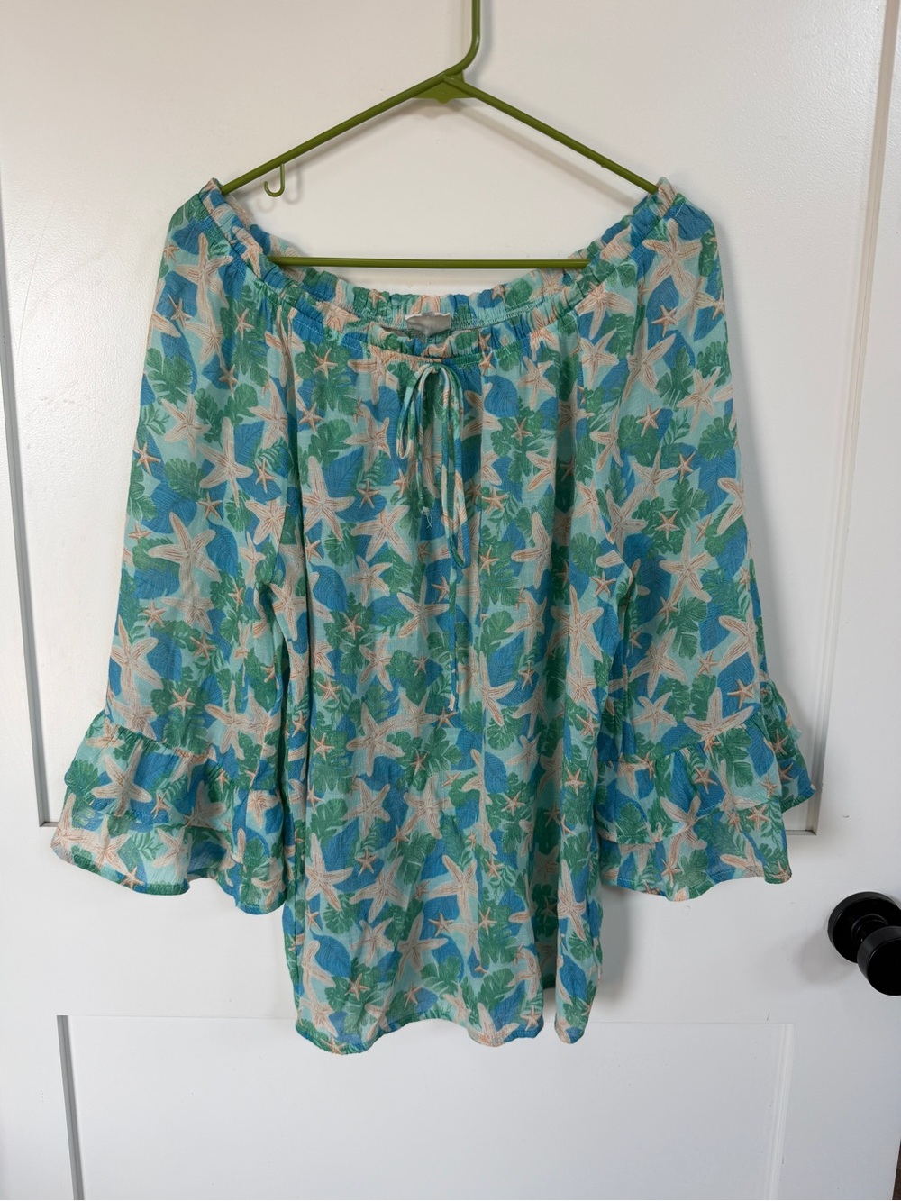 Women’s Sea Star Print Off-Shoulder Top - Blue/Green starfish ruffle sleeve xl